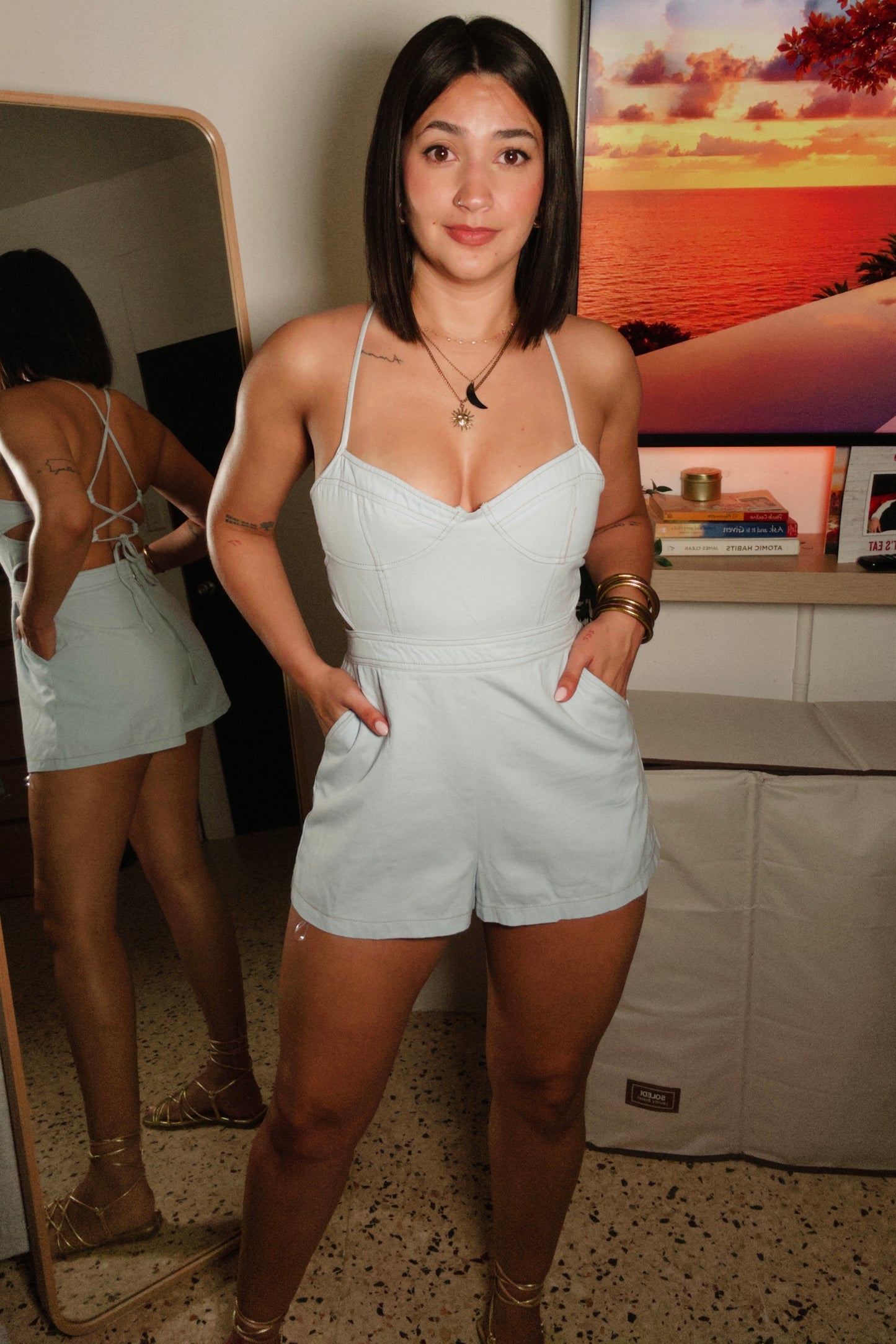Denim Open Back Romper