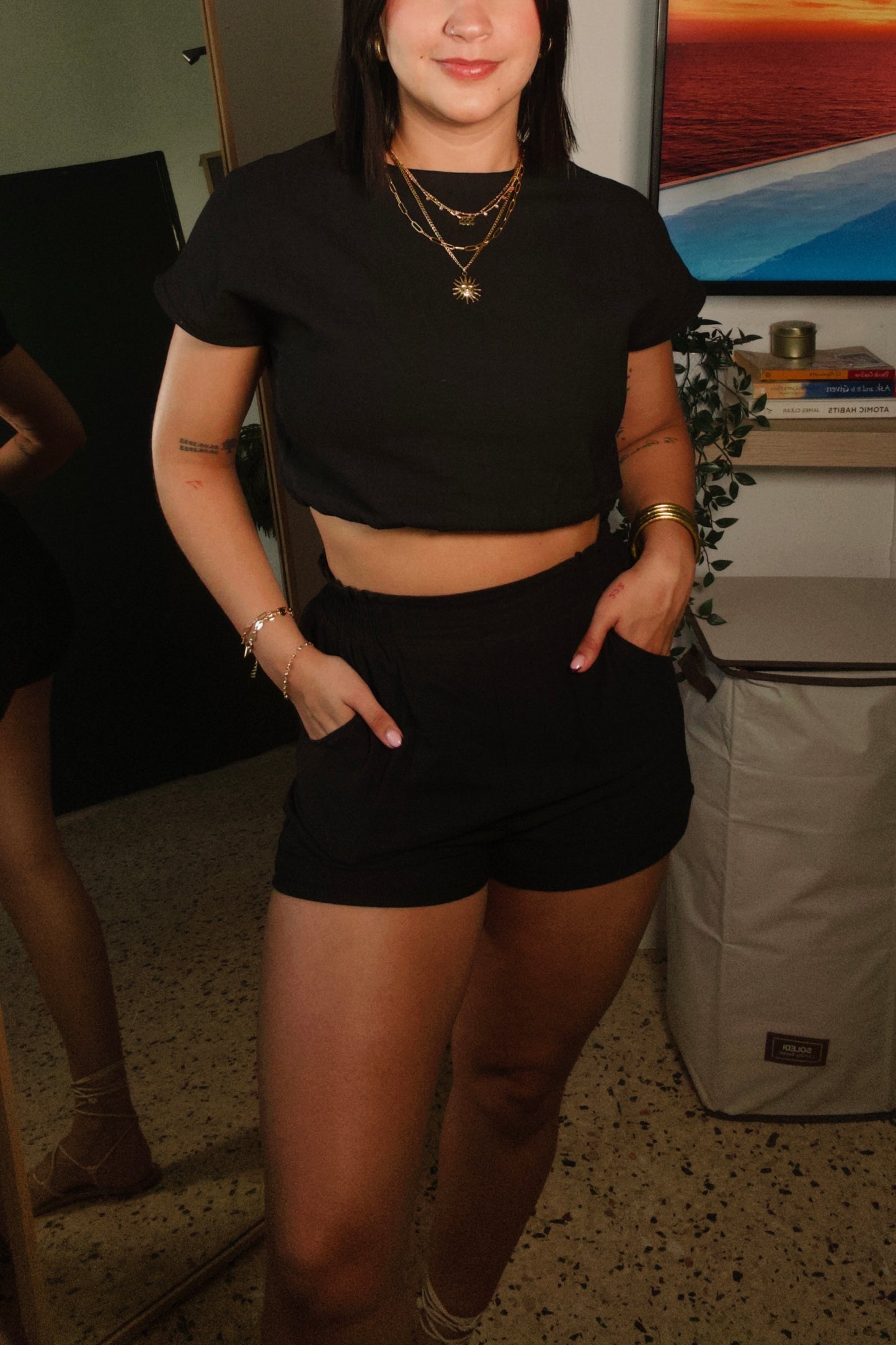 Black Linen Shorts Set